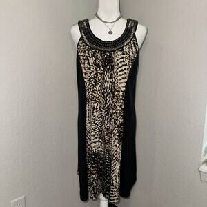 Ny Collection Shift Dress Women's XL Black Beige Leopard Print Beaded Boho Y2K